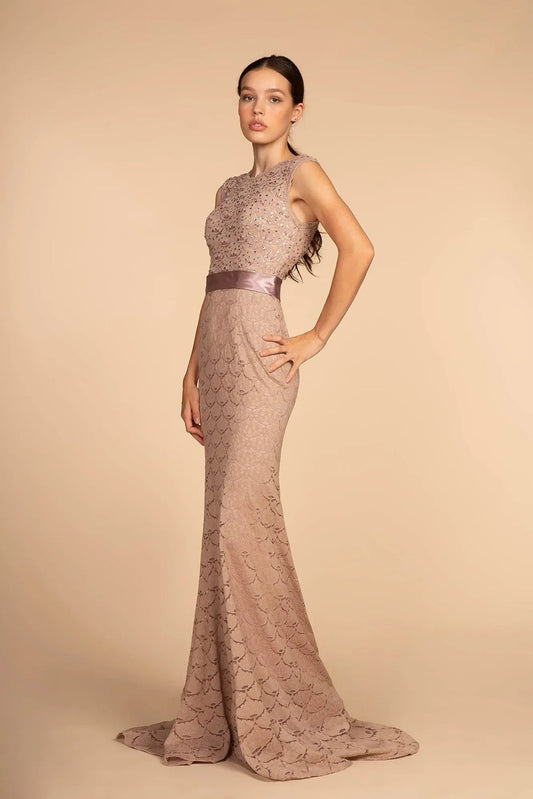 Mauve embellished sequins formal dress full front view