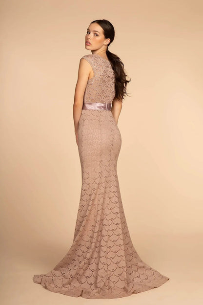 Bodice close-up highlights mauve embellished sequins formal dress.
