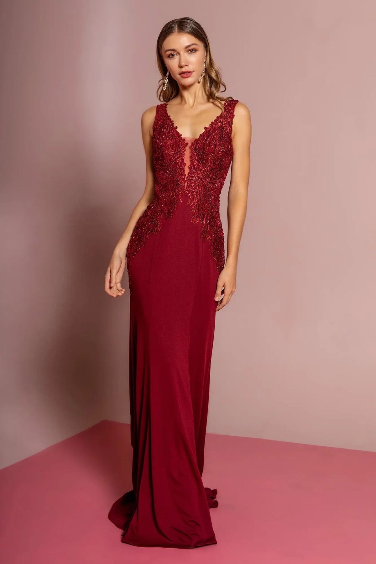 Burgundy beading embellished embroidery formal dress full front view