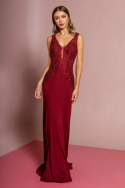 Full-length view highlights burgundy beading embellished embroidery formal dress.