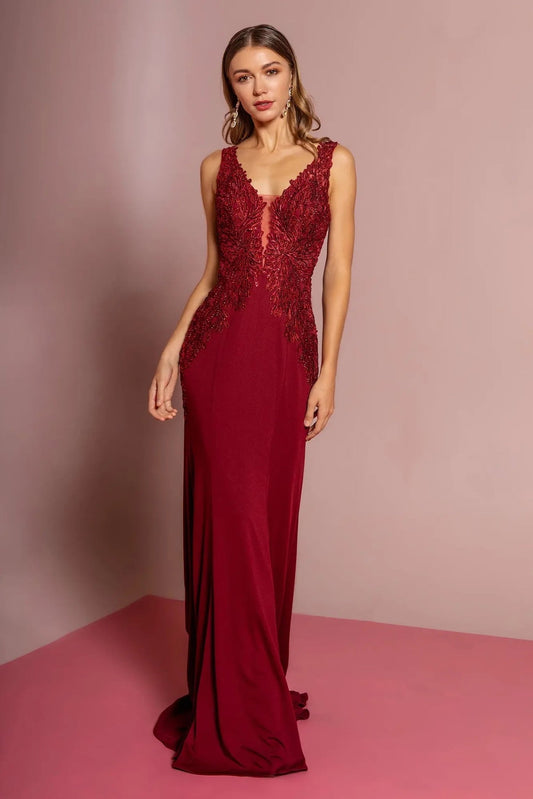 Burgundy beading embellished embroidery formal dress full front view