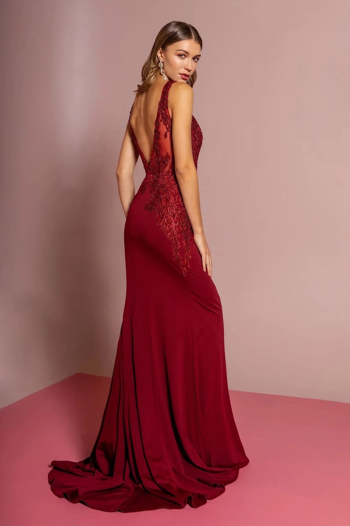 Burgundy beading embellished embroidery formal dress skirt detail
