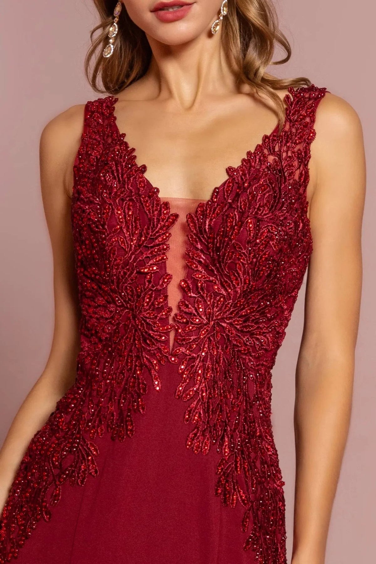 Burgundy beading embellished embroidery formal dress detail