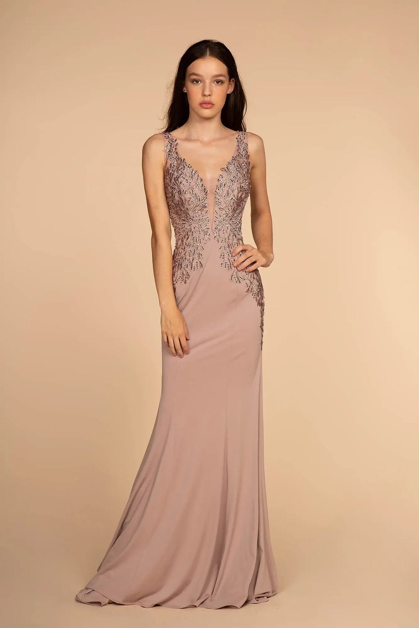 Mauve beading embellished embroidery formal dress front bodice view