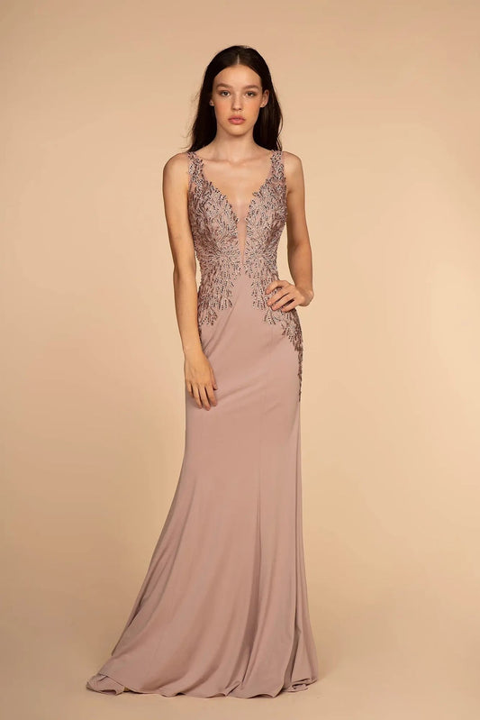 Mauve beading embellished embroidery formal dress front bodice view