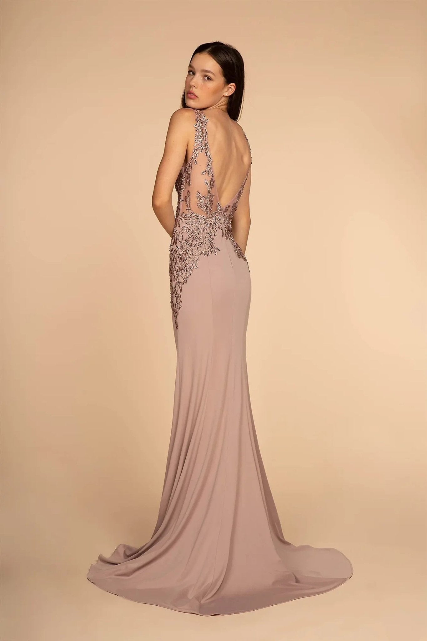 Mauve beading embellished embroidery formal dress side detail