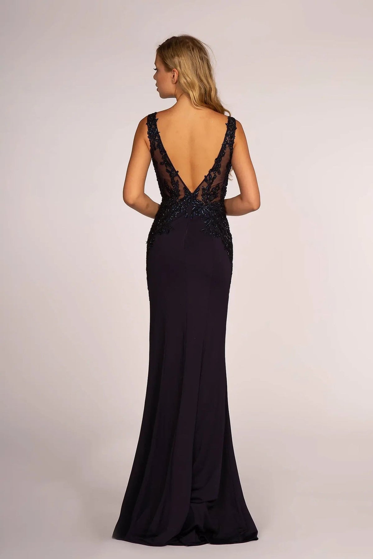 Navy beading embellished embroidery formal dress full back view