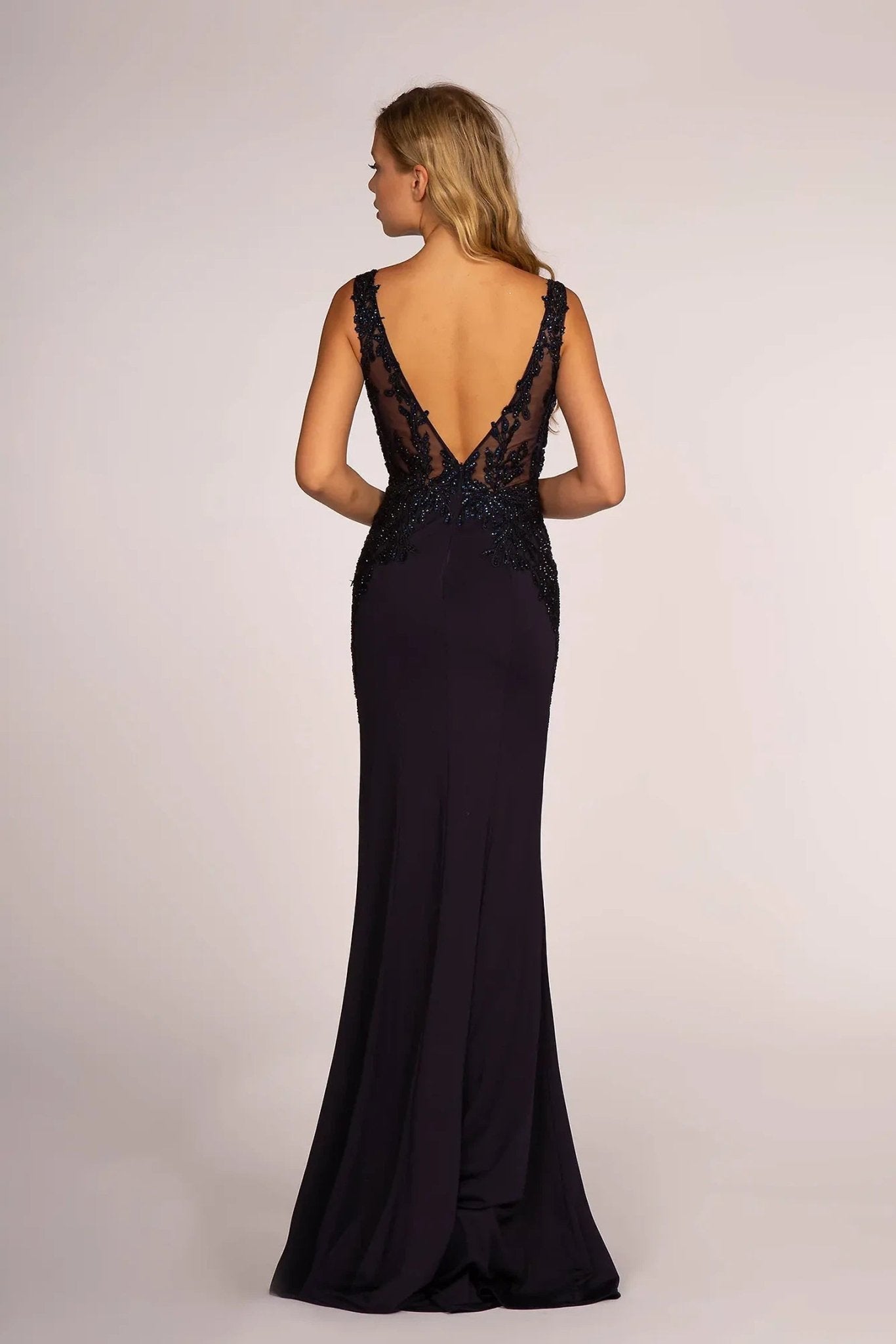 Navy beading embellished embroidery formal dress full back view