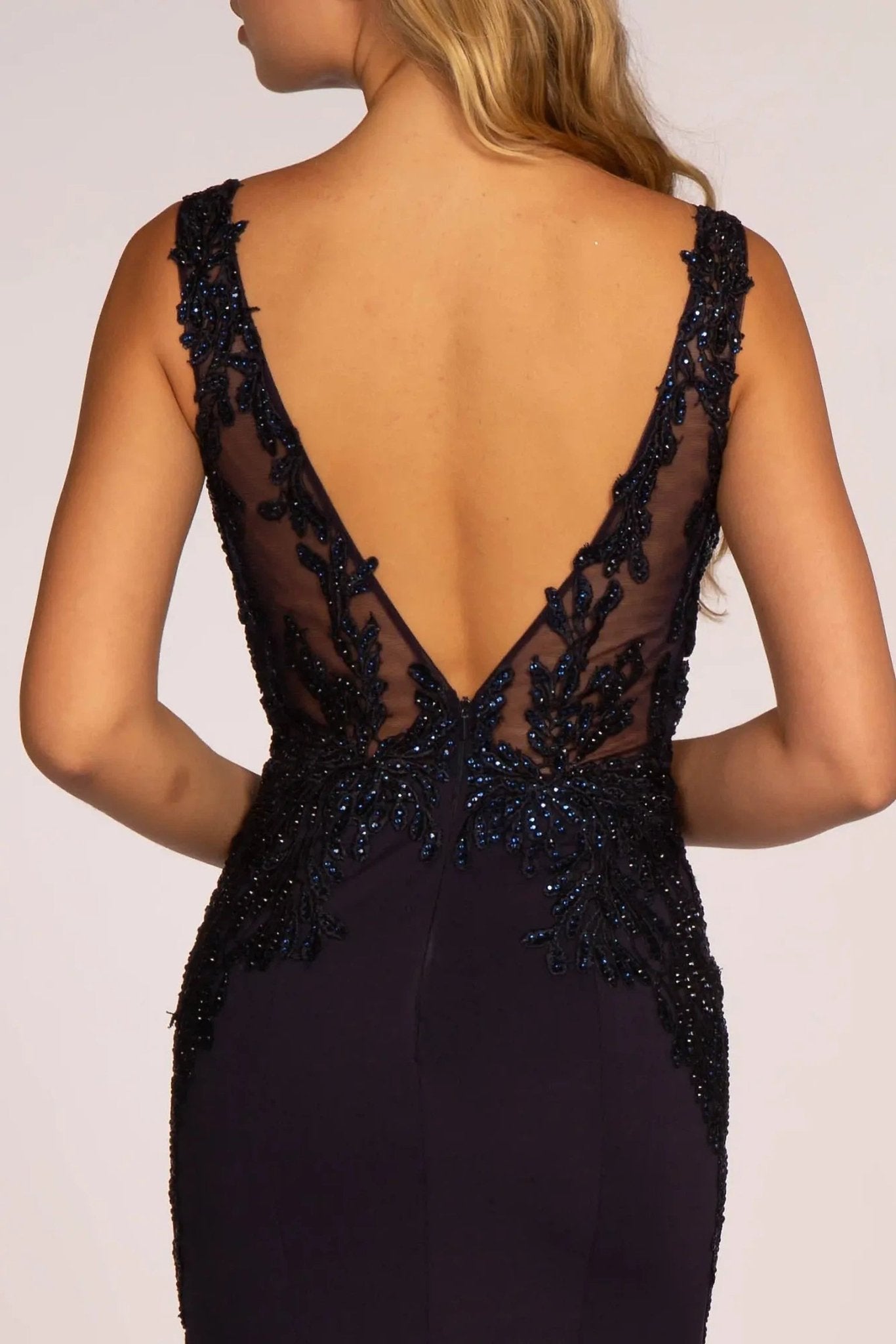 Navy beading embellished embroidery formal dress full front view
