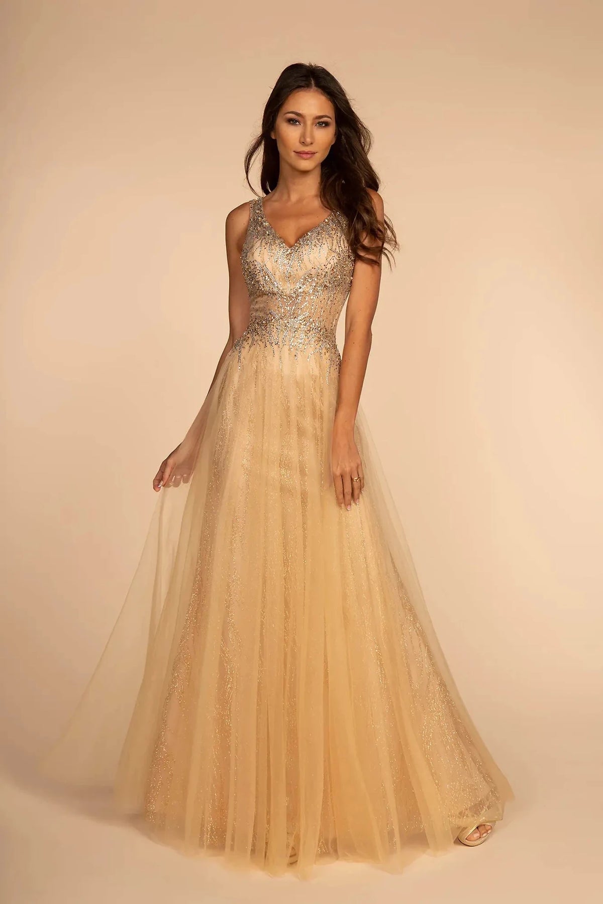 Champagne beaded prom evening dress full front