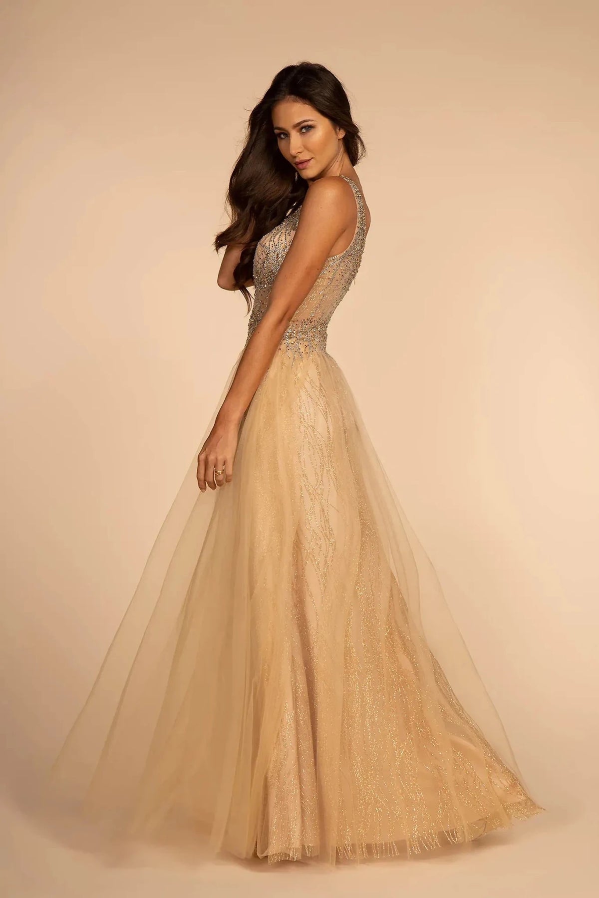Champagne prom evening dress full back with open back