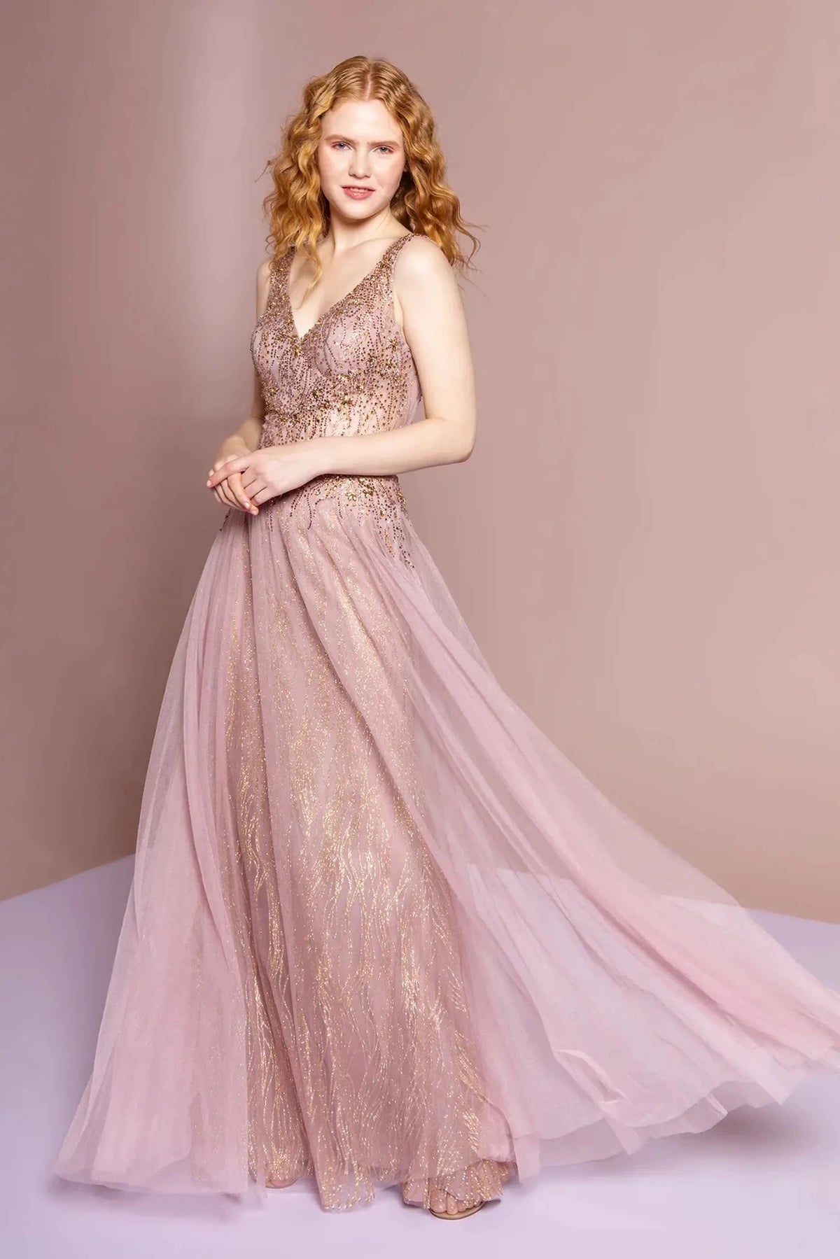 Mauve beaded prom evening dress full front