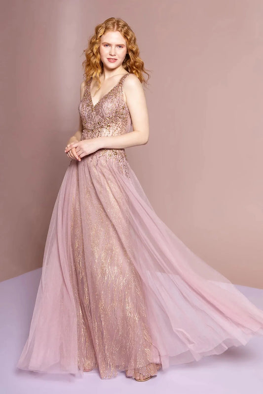 Full-length front view shows beaded styling on the Mauve prom evening dress.