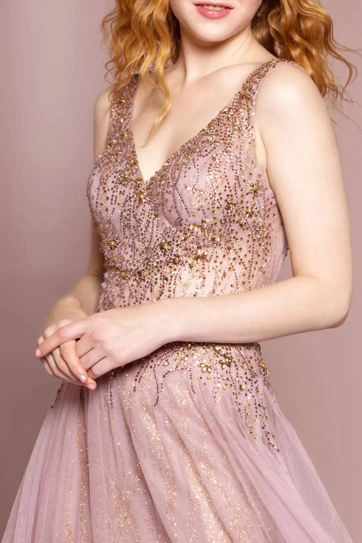 Mauve v-neck prom evening dress upper front with jewel