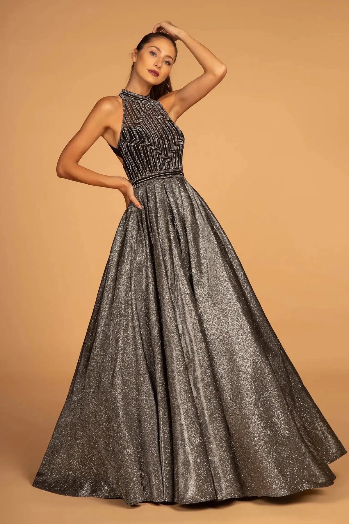 Dark Silver beaded prom evening dress full front