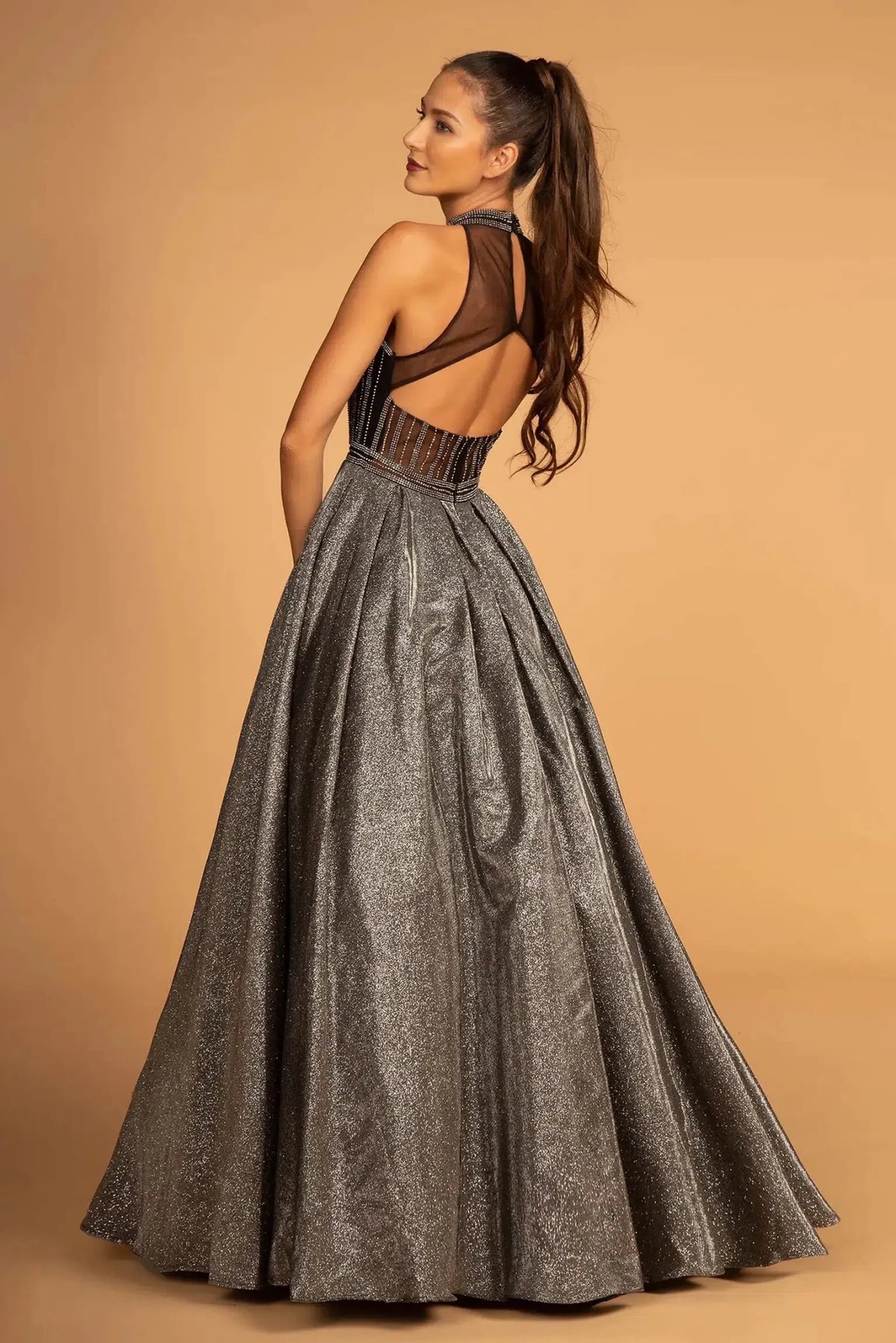 Dark Silver prom evening dress full back with back detail