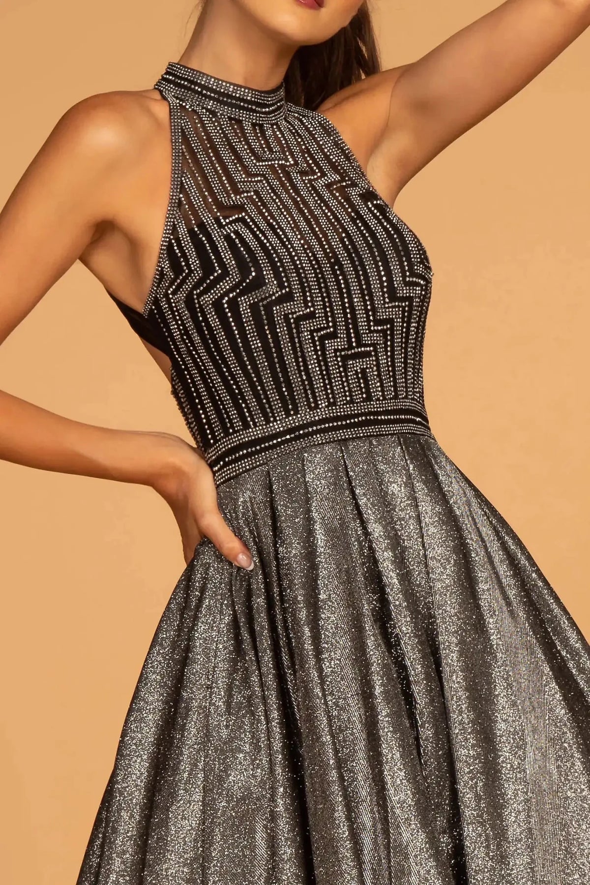Dark Silver high neck prom evening dress upper front with beads