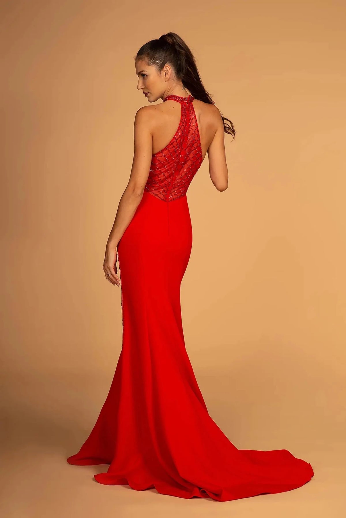 Red prom evening dress full back with back detail