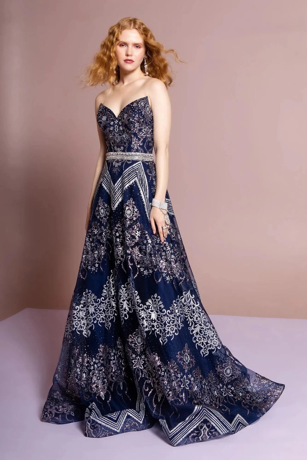 Navy beaded strapless prom evening dress full front