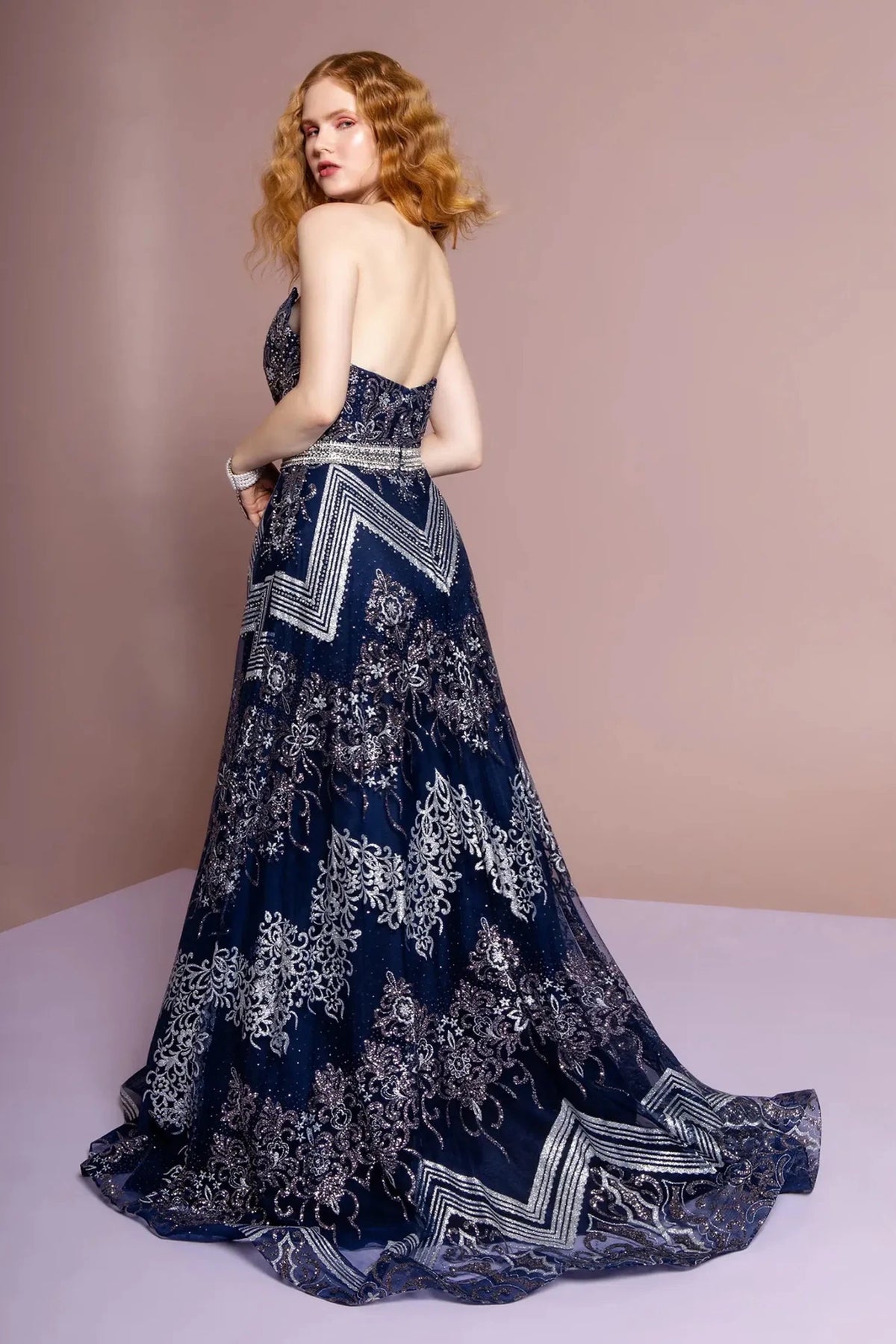 Navy prom evening dress full back with open back
