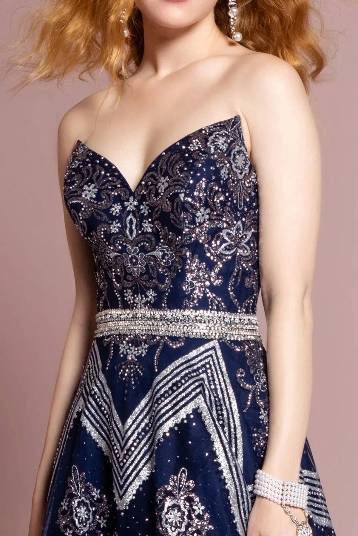 Navy sweetheart prom evening dress upper front with beads, glitter, jewel
