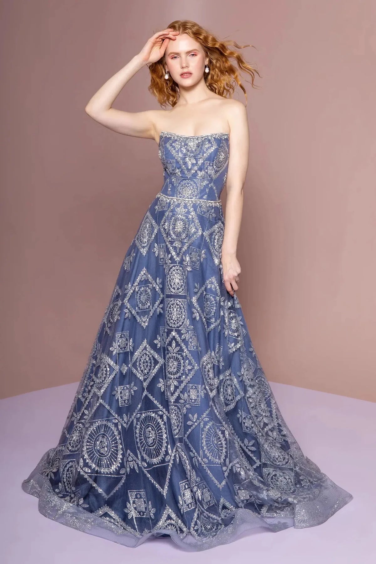 Blue glitter off-shoulder prom evening dress full front