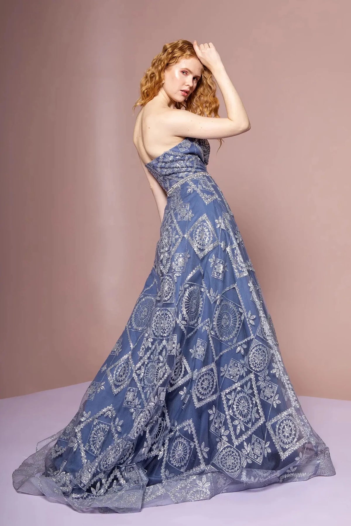 Blue prom evening dress full back with open back