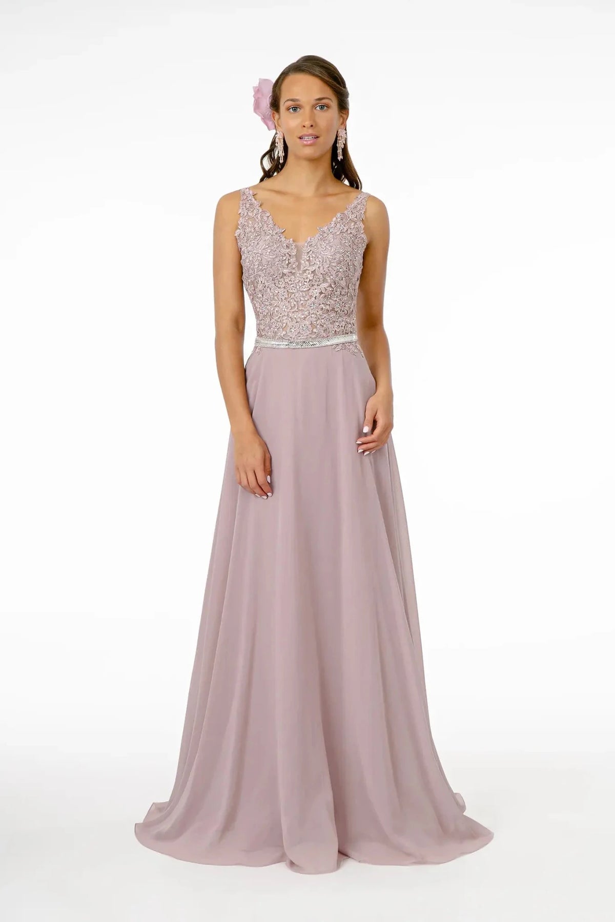 Mauve embroidered prom evening dress full front