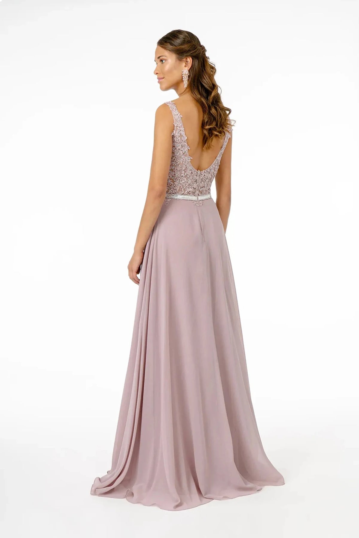 Mauve prom evening dress full back with open back