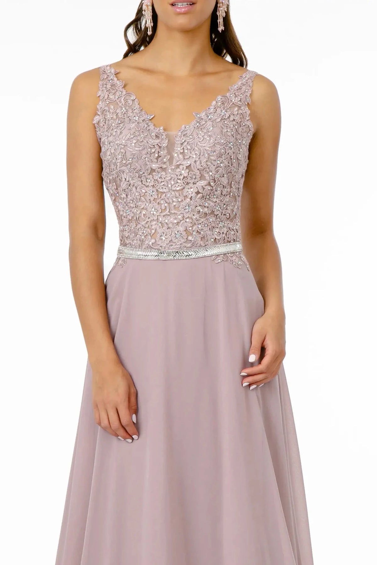 Mauve v-neck prom evening dress upper front with embroidery, jewel