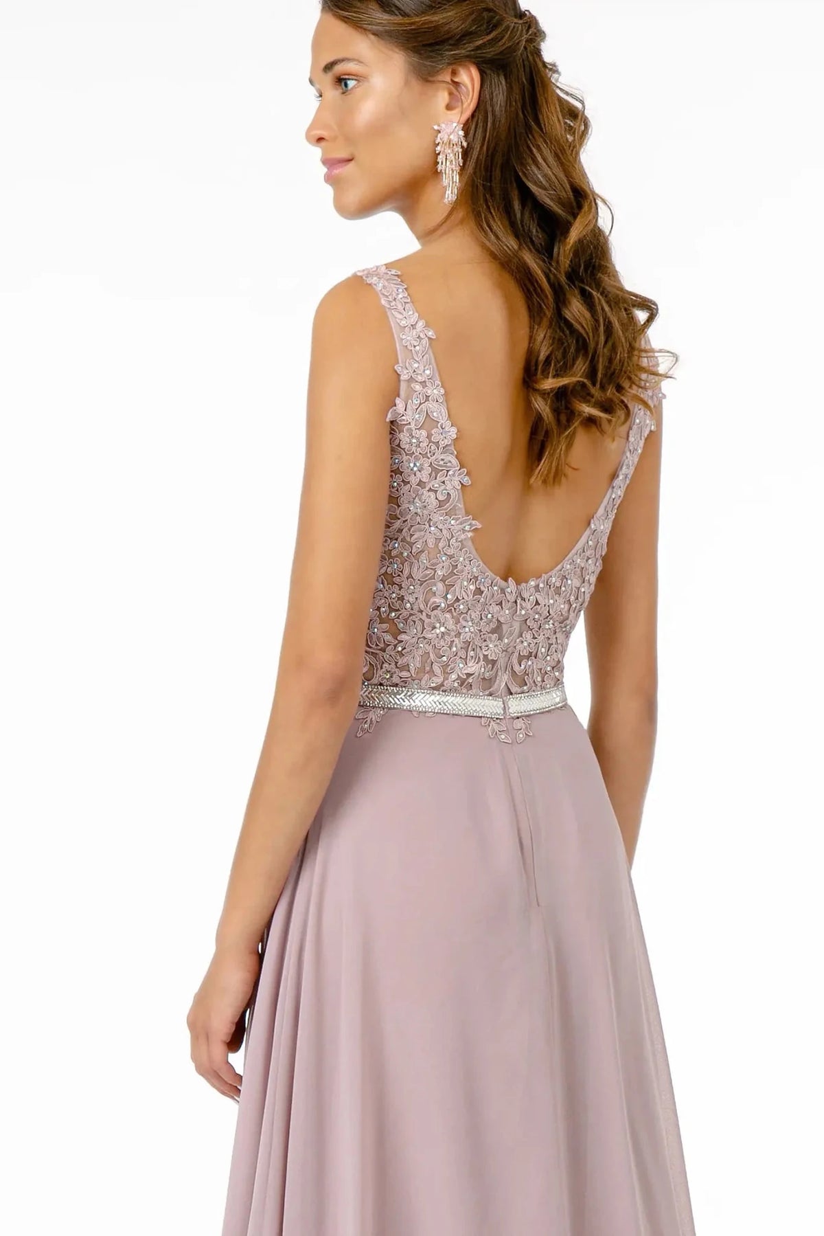 Mauve prom evening dress a-line skirt detail