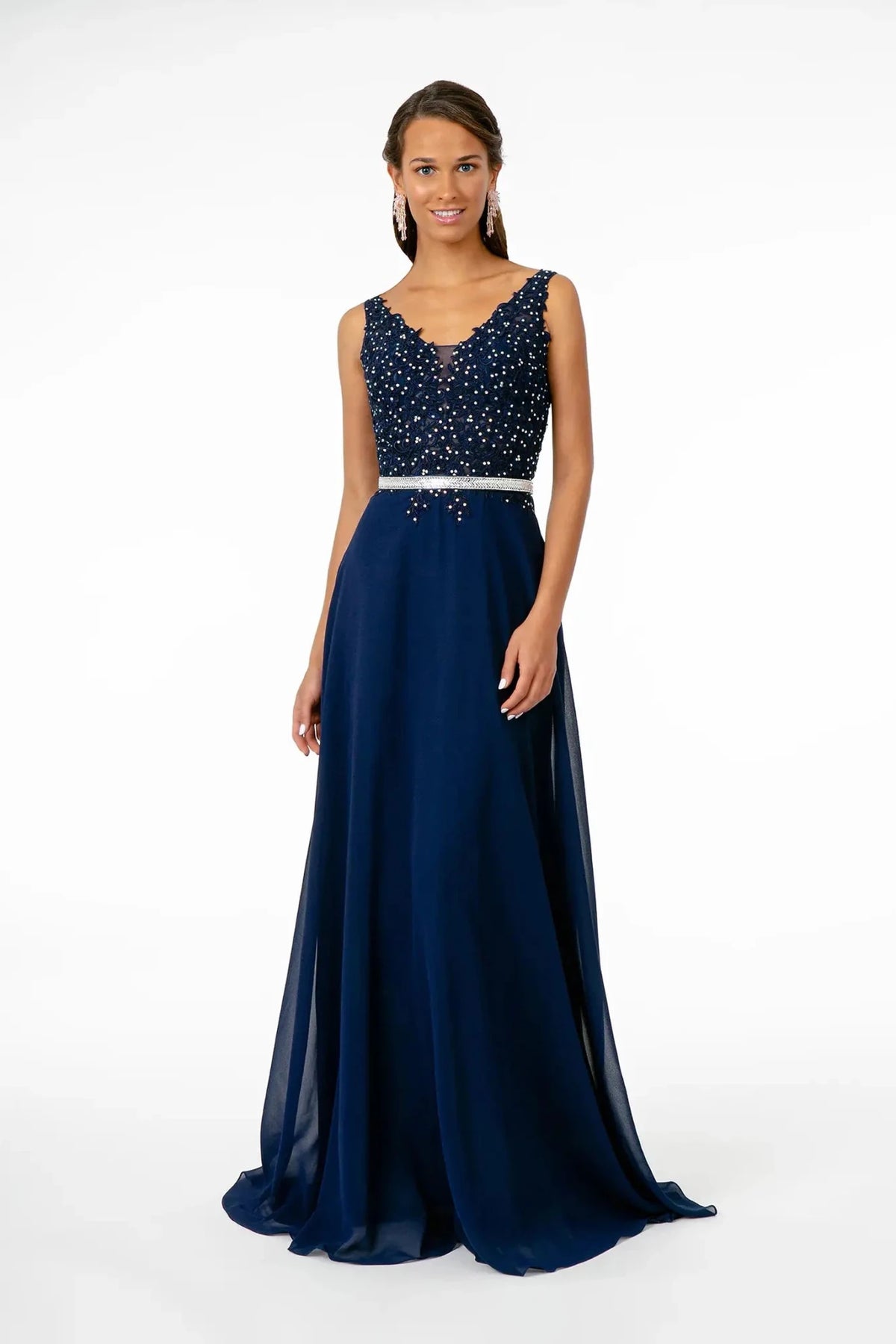 Navy embroidered prom evening dress full front