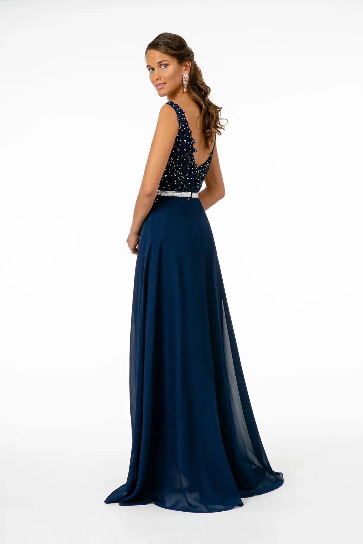Navy prom evening dress full back with open back