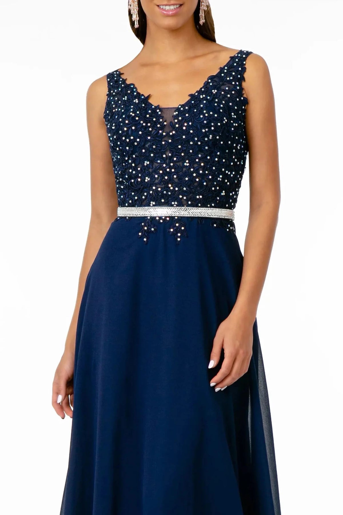 Navy v-neck prom evening dress upper front with embroidery, jewel