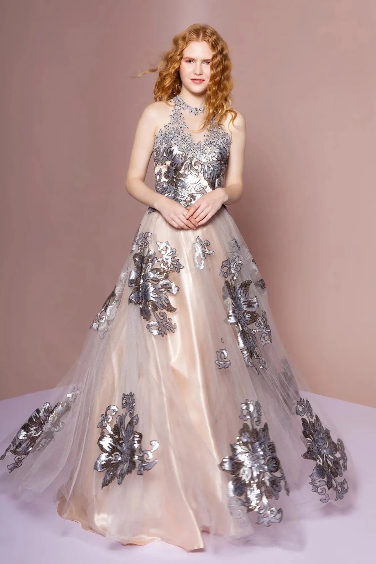 Champagne/Silver embroidered prom evening dress full front