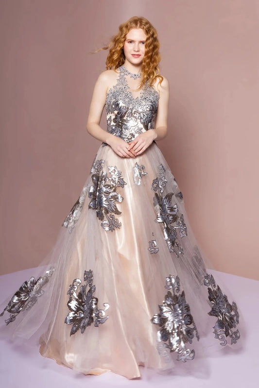 Full-length front view shows embroidered styling on the Champagne/Silver prom evening dress.