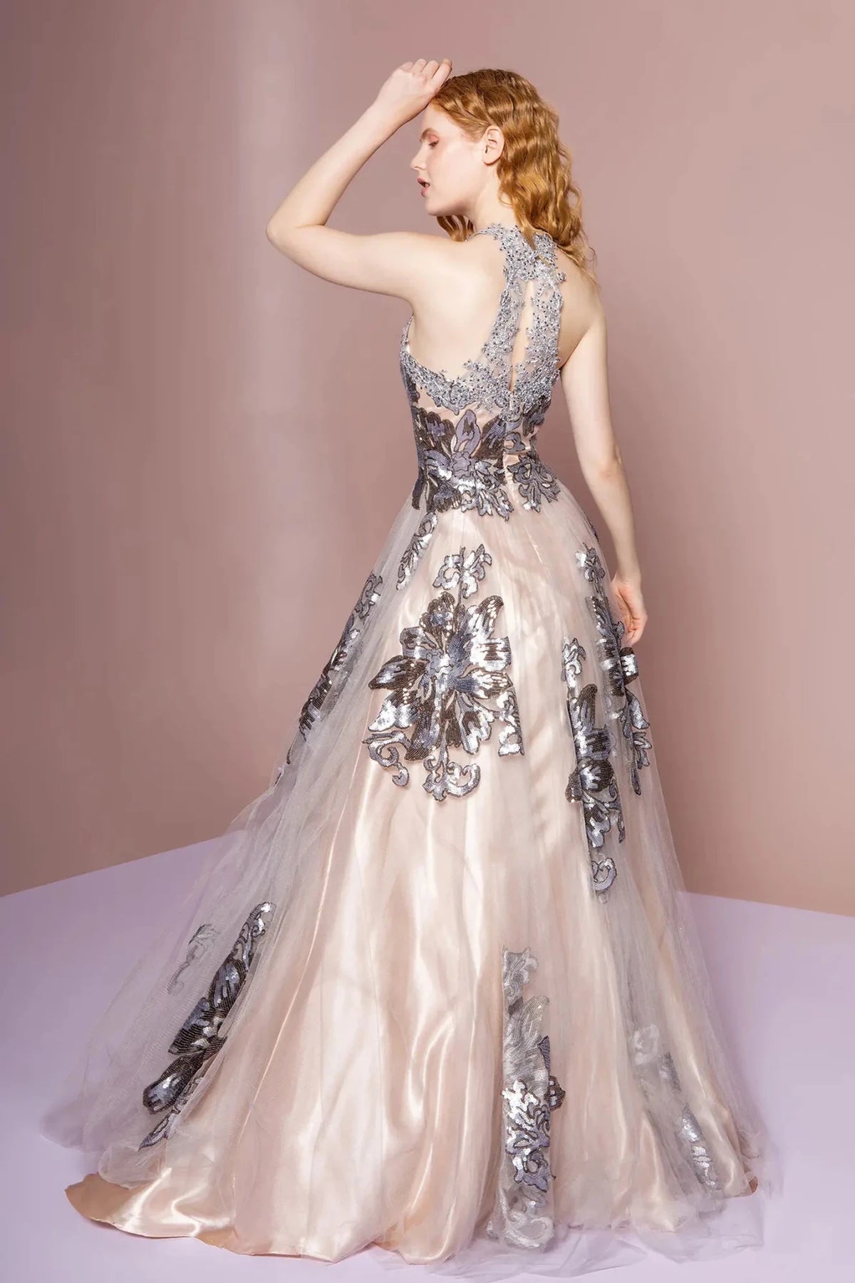 Champagne/Silver prom evening dress full back with open back