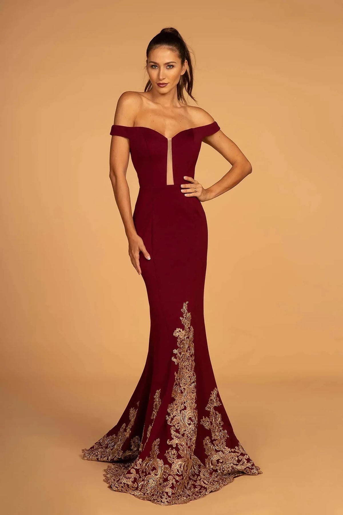 Burgundy embroidered off-shoulder prom evening dress full front