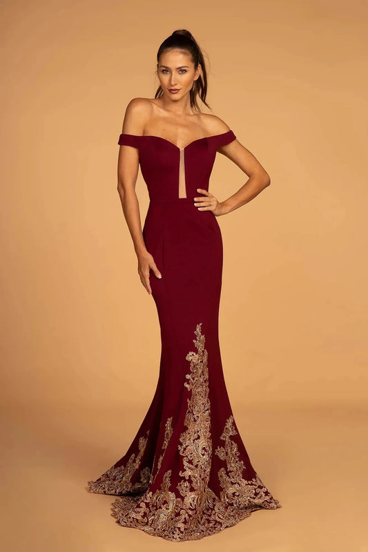 Full-length front view shows embroidered off-shoulder styling on the Burgundy prom evening dress.