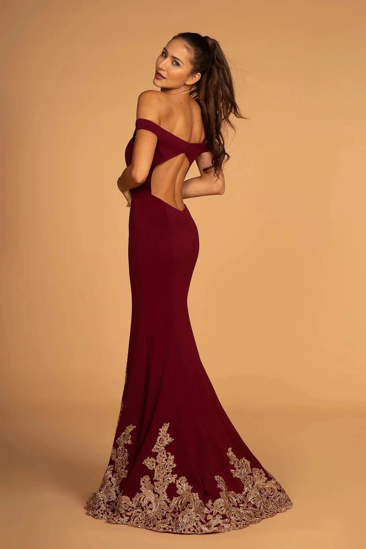 Burgundy prom evening dress full back with open back