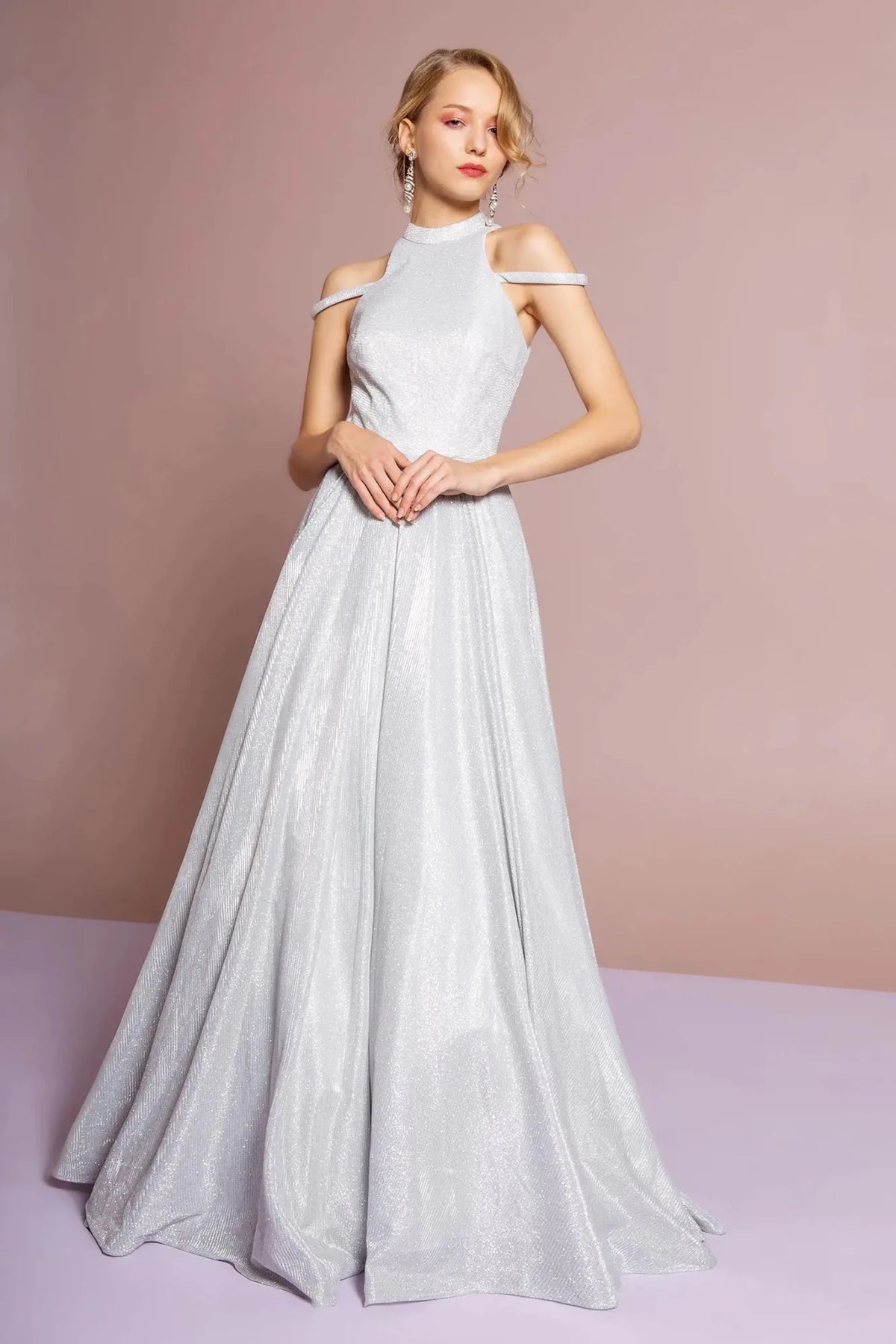 Silver beaded prom evening dress full front