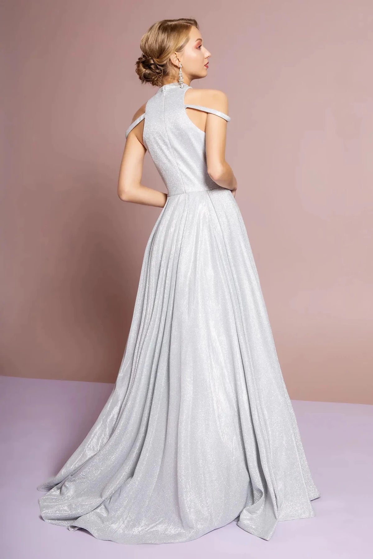 Silver prom evening dress full back with back detail