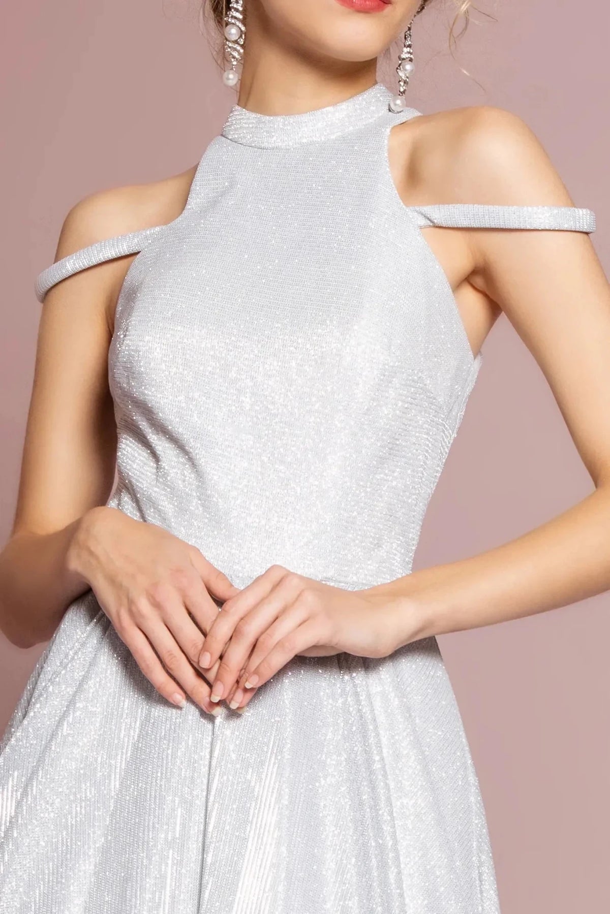 Silver high neck prom evening dress upper front with jewel