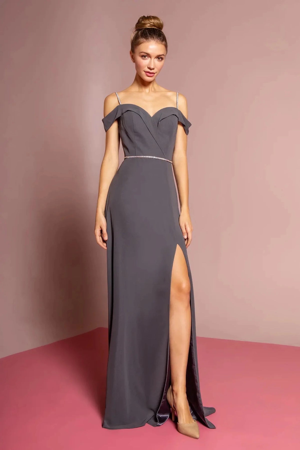 Charcoal beaded prom evening dress full front