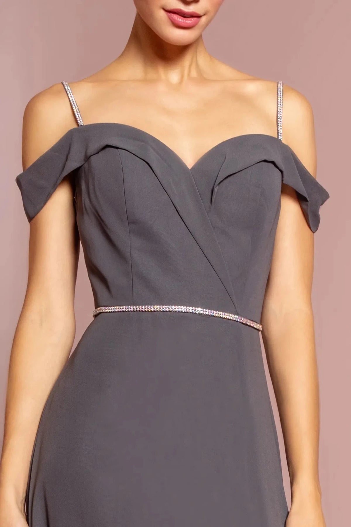 Charcoal prom evening dress full back with open back