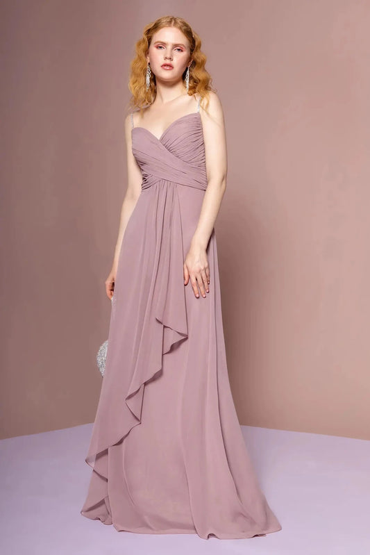 Full-length front view shows beaded styling on the Mauve prom evening dress.