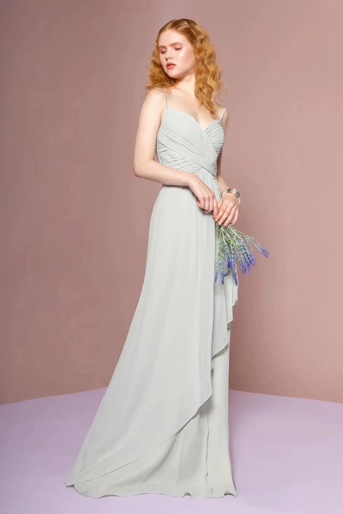 Sage beaded prom evening dress full front