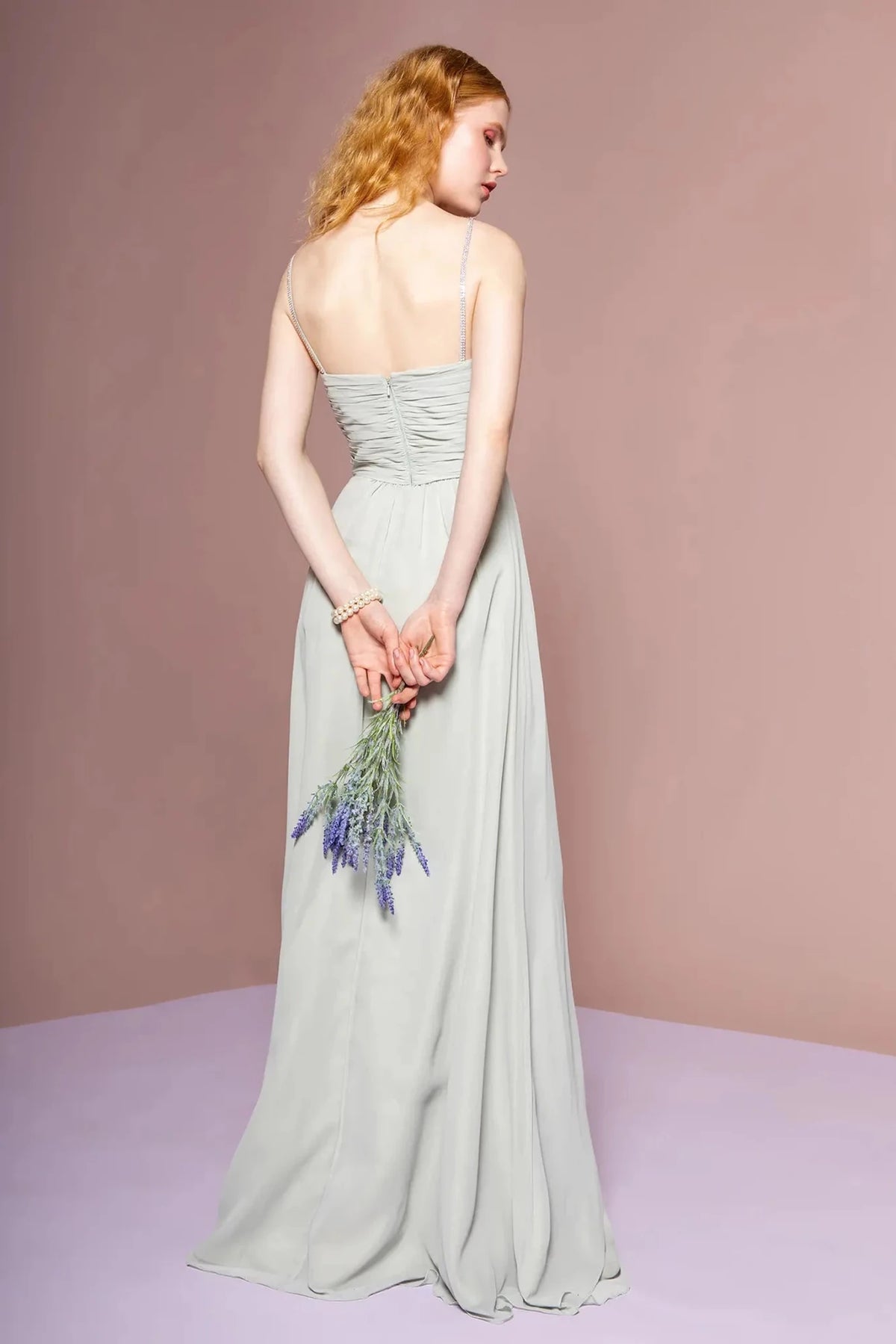 Sage prom evening dress full back with open back