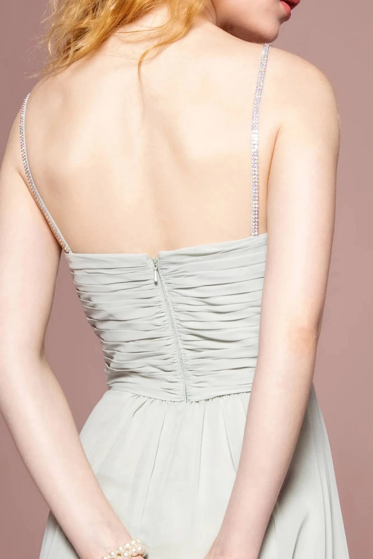 Sage prom evening dress a-line skirt detail