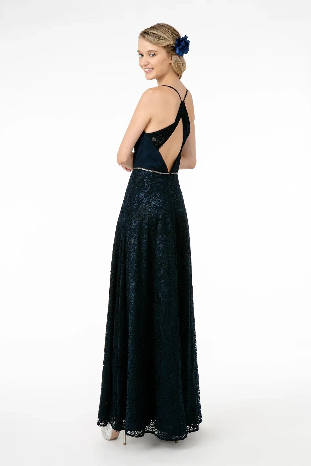 Navy prom evening dress full back with back detail
